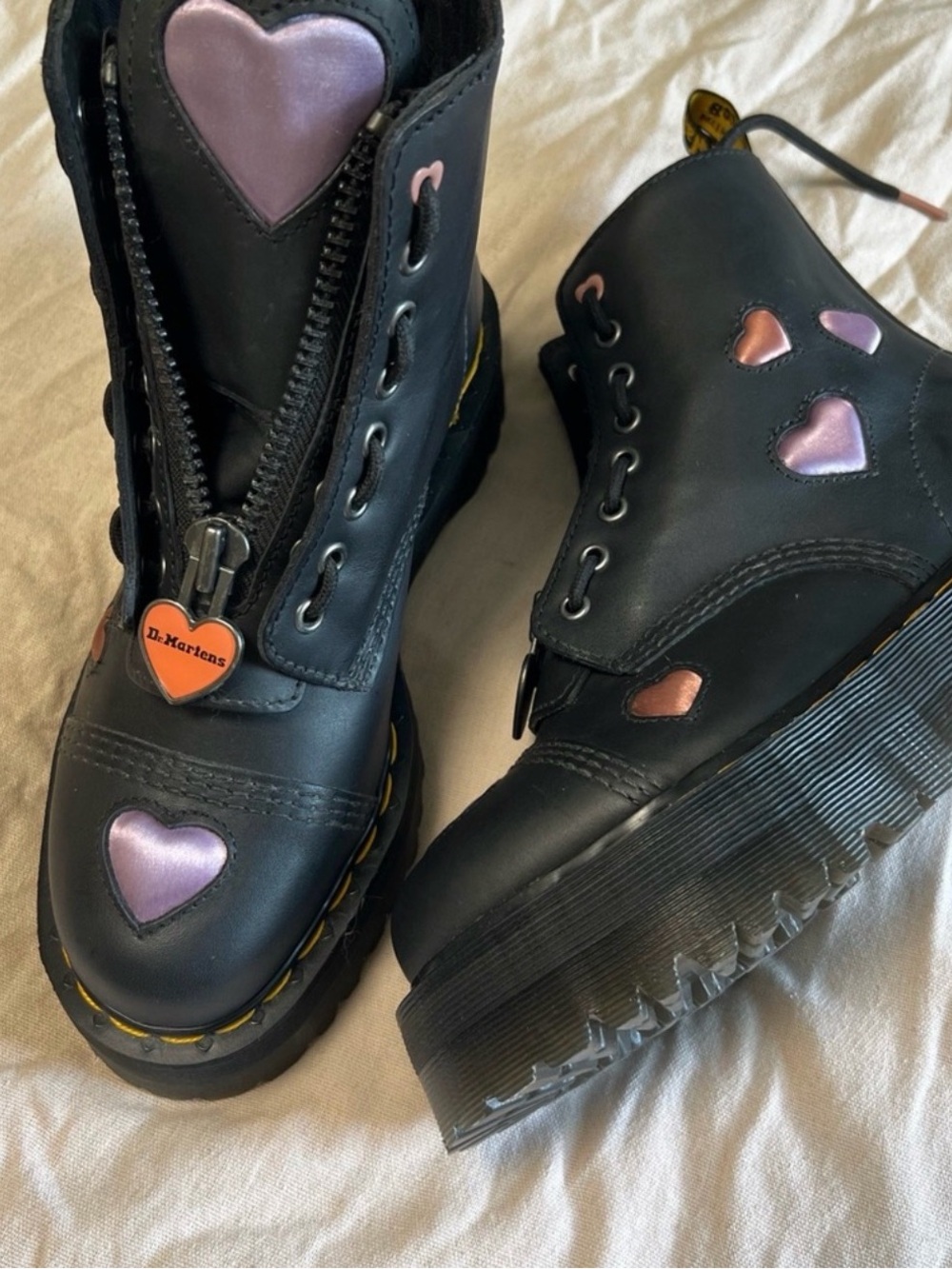 Dr. Martens Black Platform Lace-Up Boots with Pink and Lavender Hearts